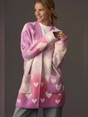 Anthropologie Maeve Pink Purple Hearts Cardigan Size Medium Large